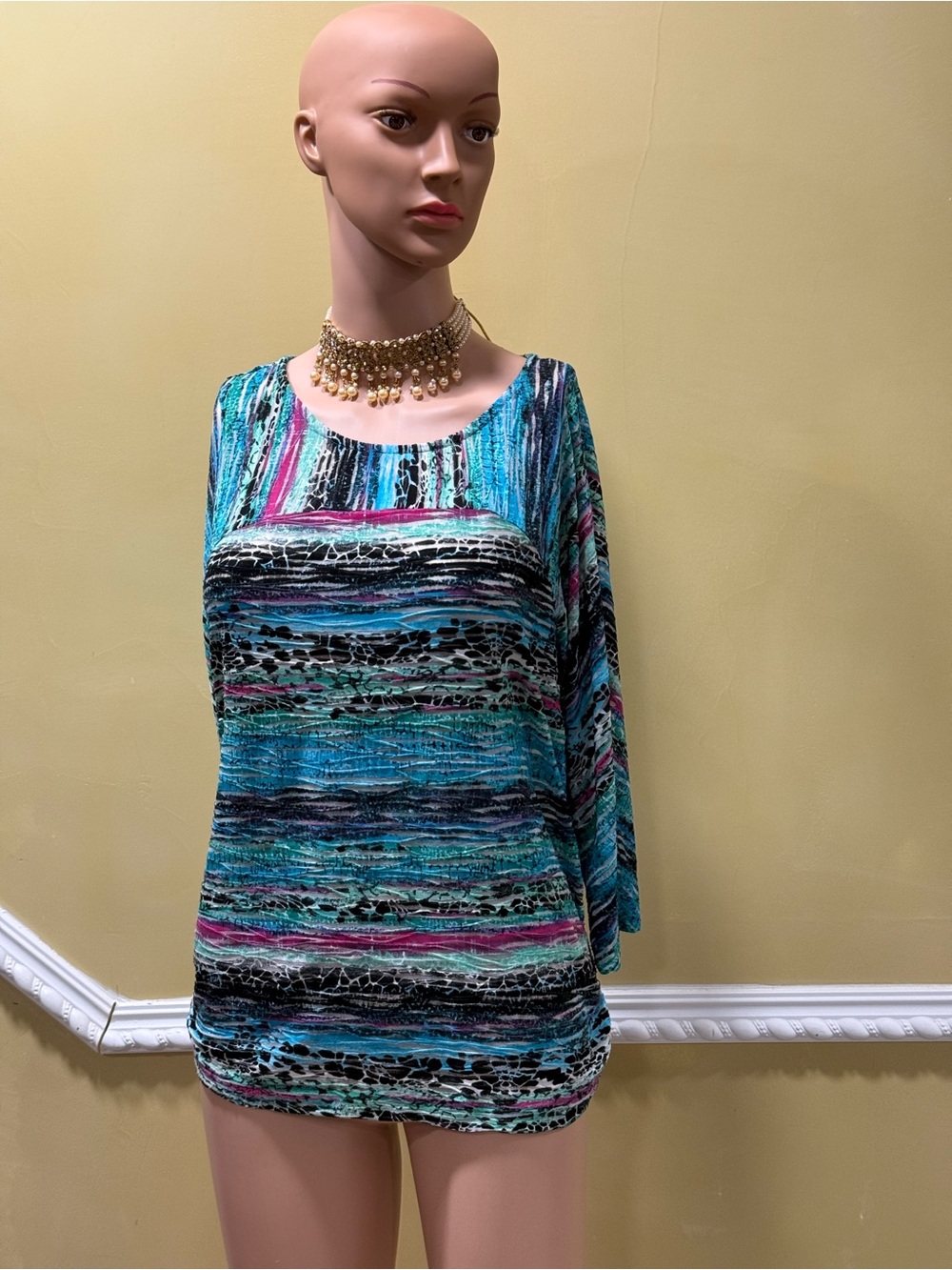 Dana Buchman Teal Multicolor Striped Scoop Neck Long Sleeve Top